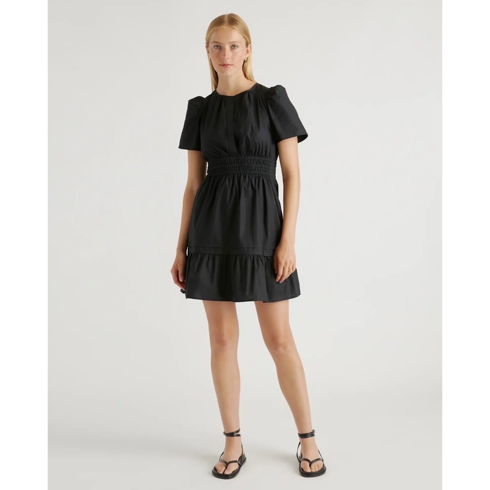Quince Organic Cotton Smocked Waist Tiered Mini Dress Black RK001 SP24 XS